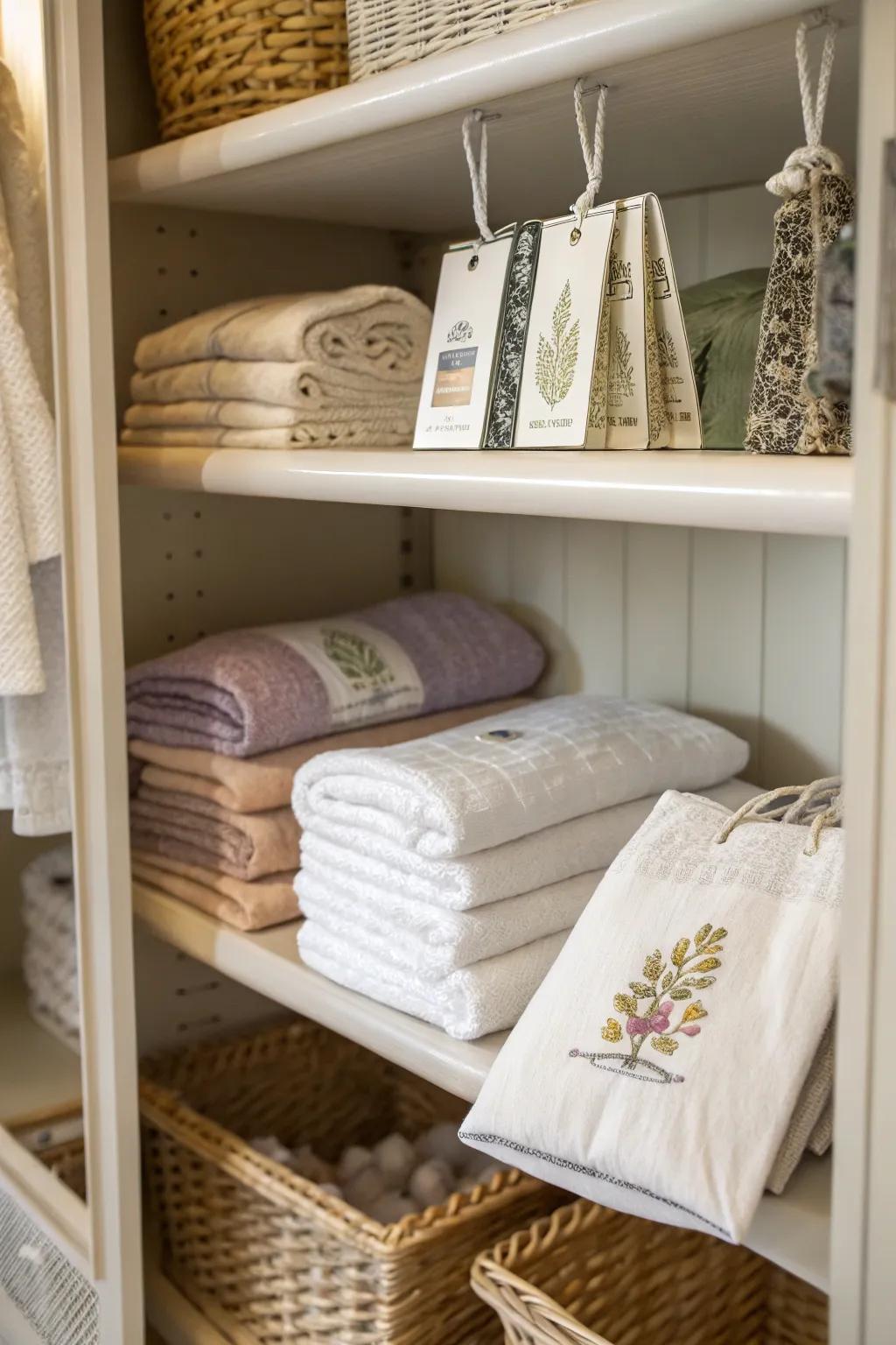 A scented sachet keeps linens smelling fresh and inviting.