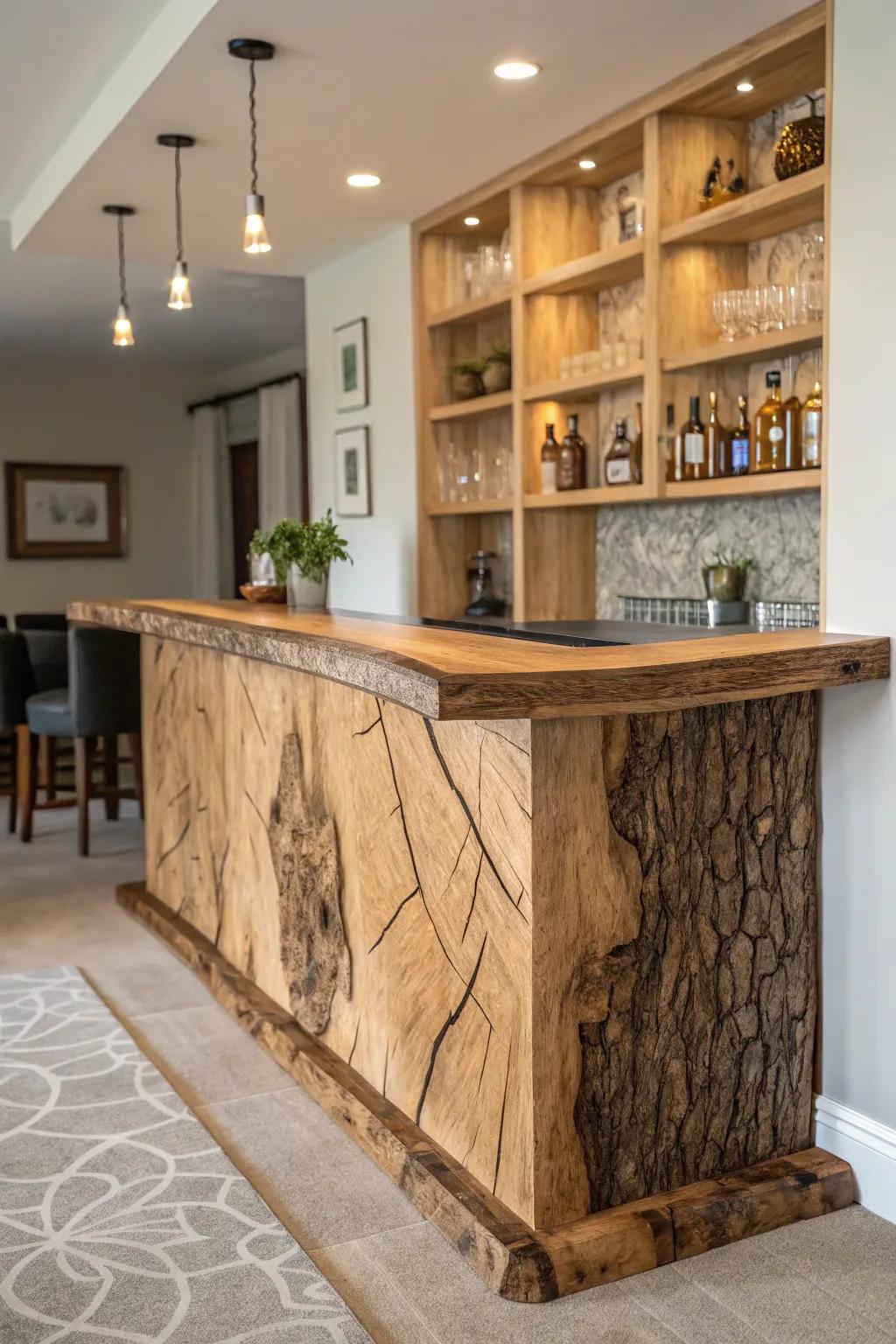 A custom natural-edge bar displaying built-in shelves and unique finishes, tailored to personal taste.