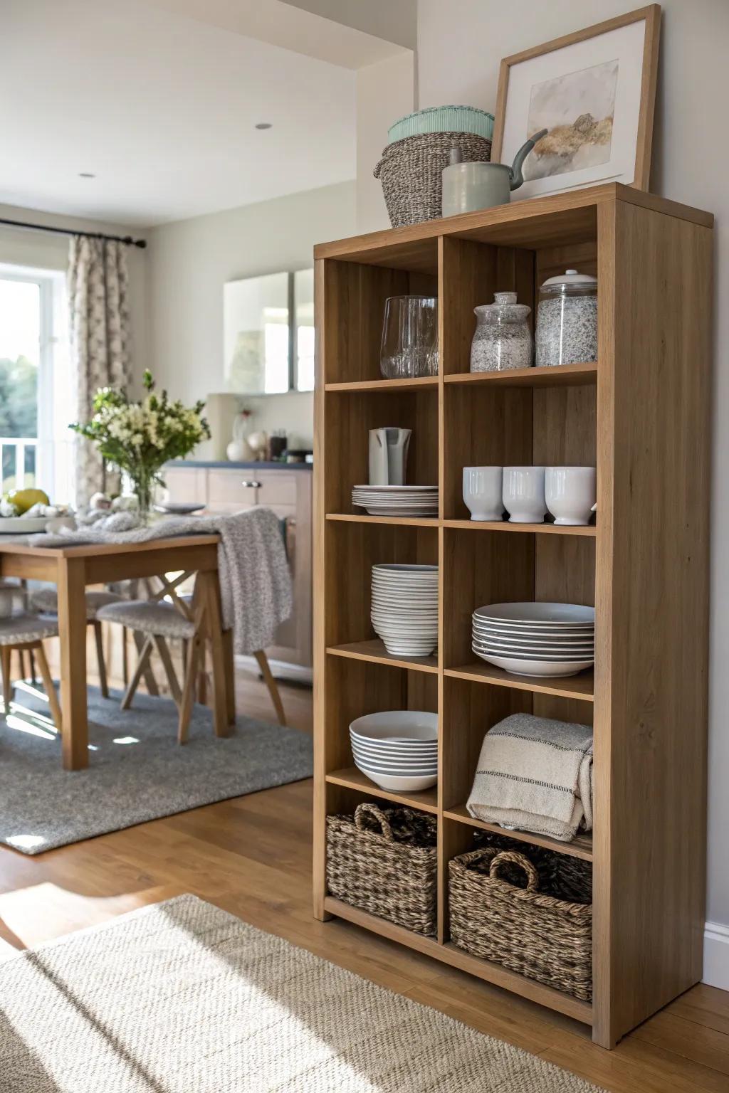 A supplementary dining space utilizing cube storage to ensure integrated functionality.