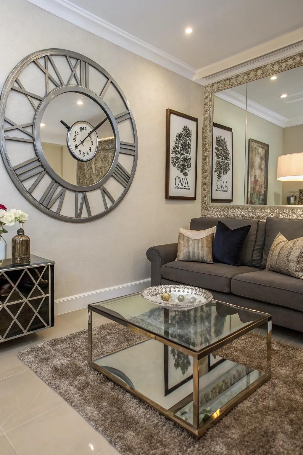A mirrored clock adds a unique and intriguing dimension to the living room.