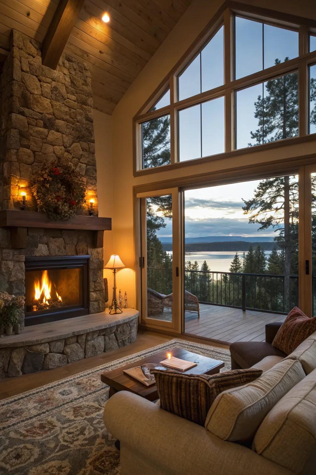 A living room design that emphasizes maintaining an unobstructed outlook to the outside world.