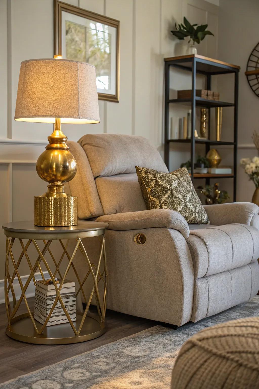 A luxurious touch created by incorporating metallic accents around the recliner.