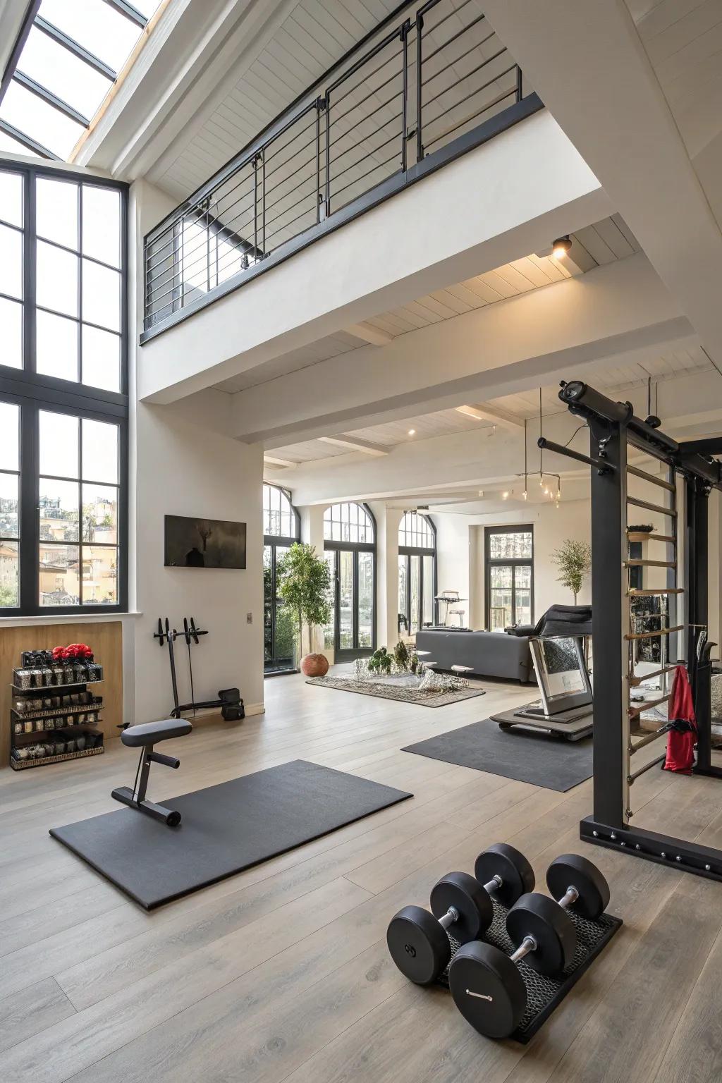 Home exercise area setup within a fashionable loft.