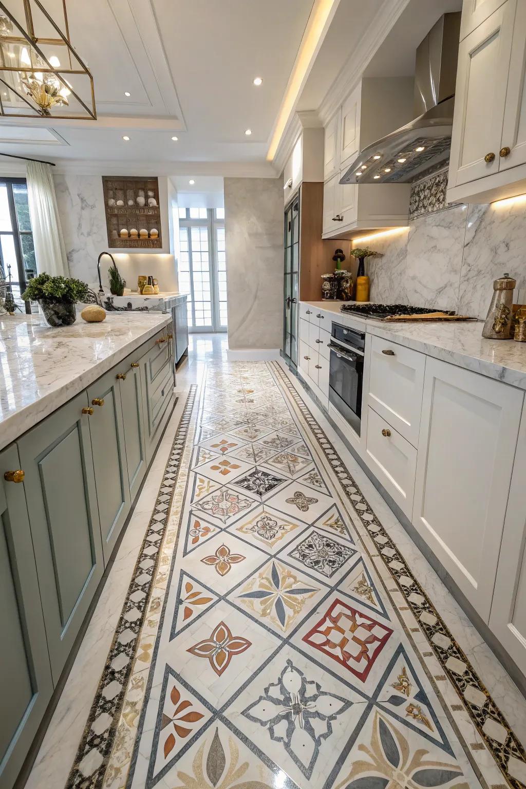 Motif tile floors impart modern charm.