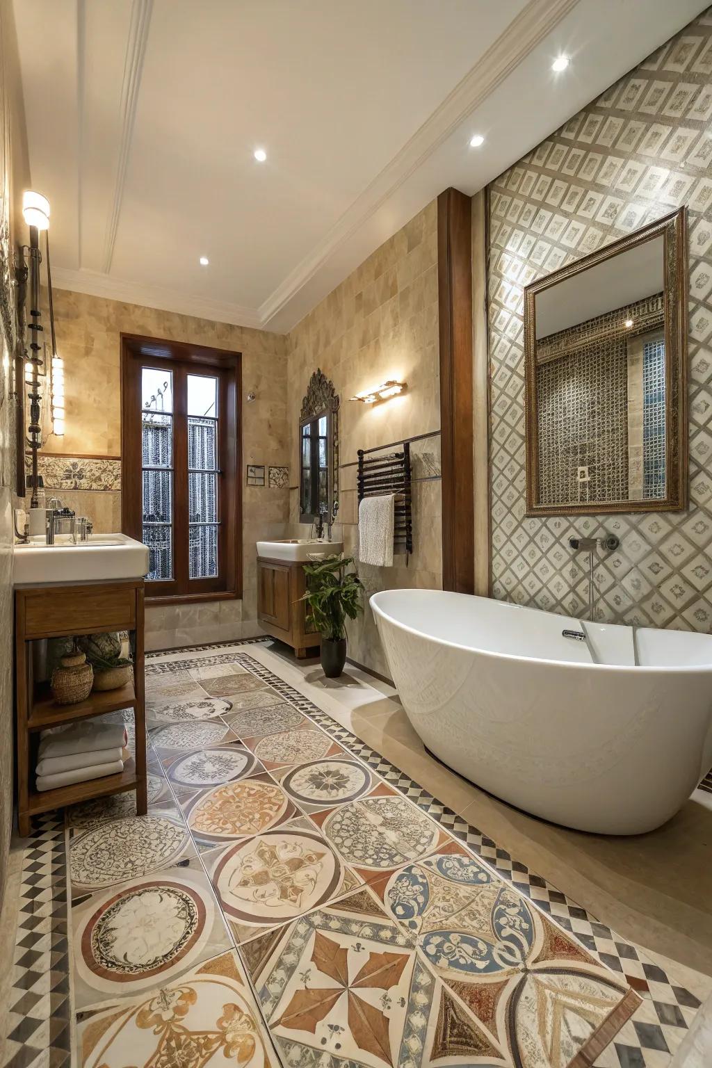 A luxurious bathroom featuring unique tile patterns.