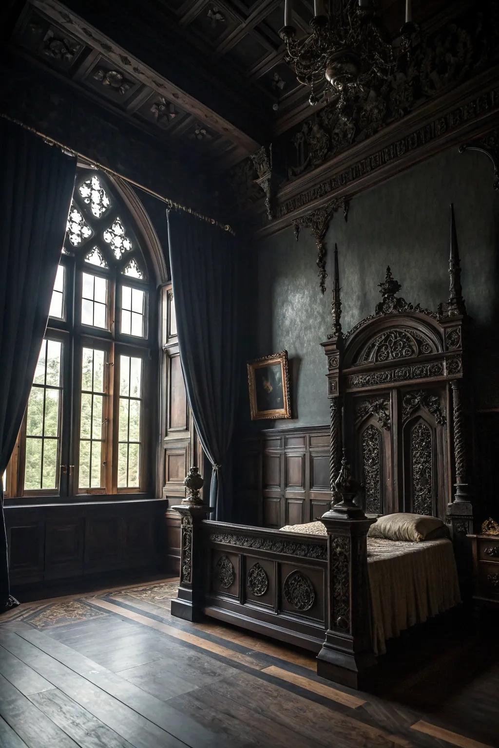 Gothic details add mystery and drama to this passionate onyx bedroom.
