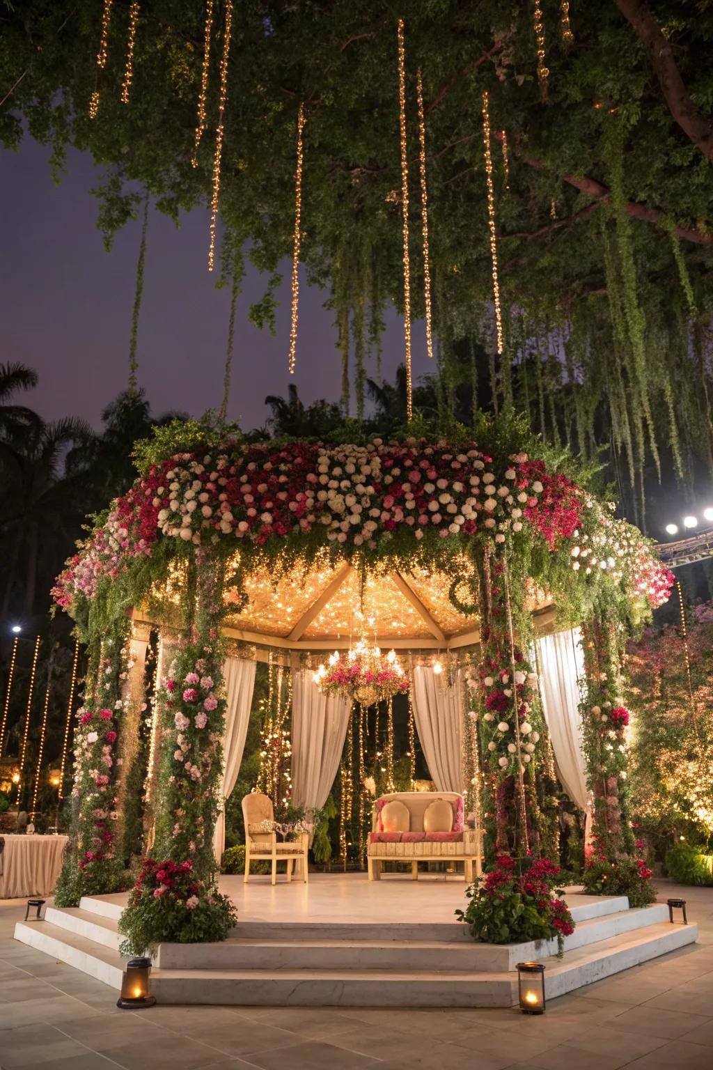 Suspended gardens add a playful, ethereal quality to a marriage altar.