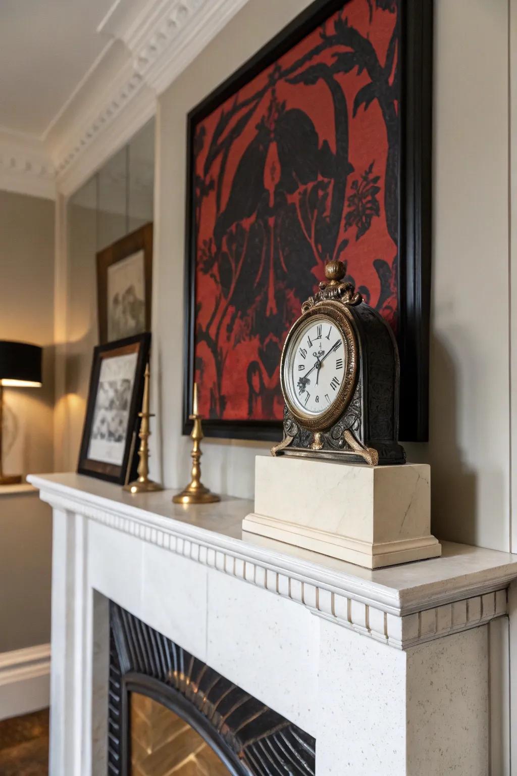 A striking mantel with a timepiece and bold artwork.