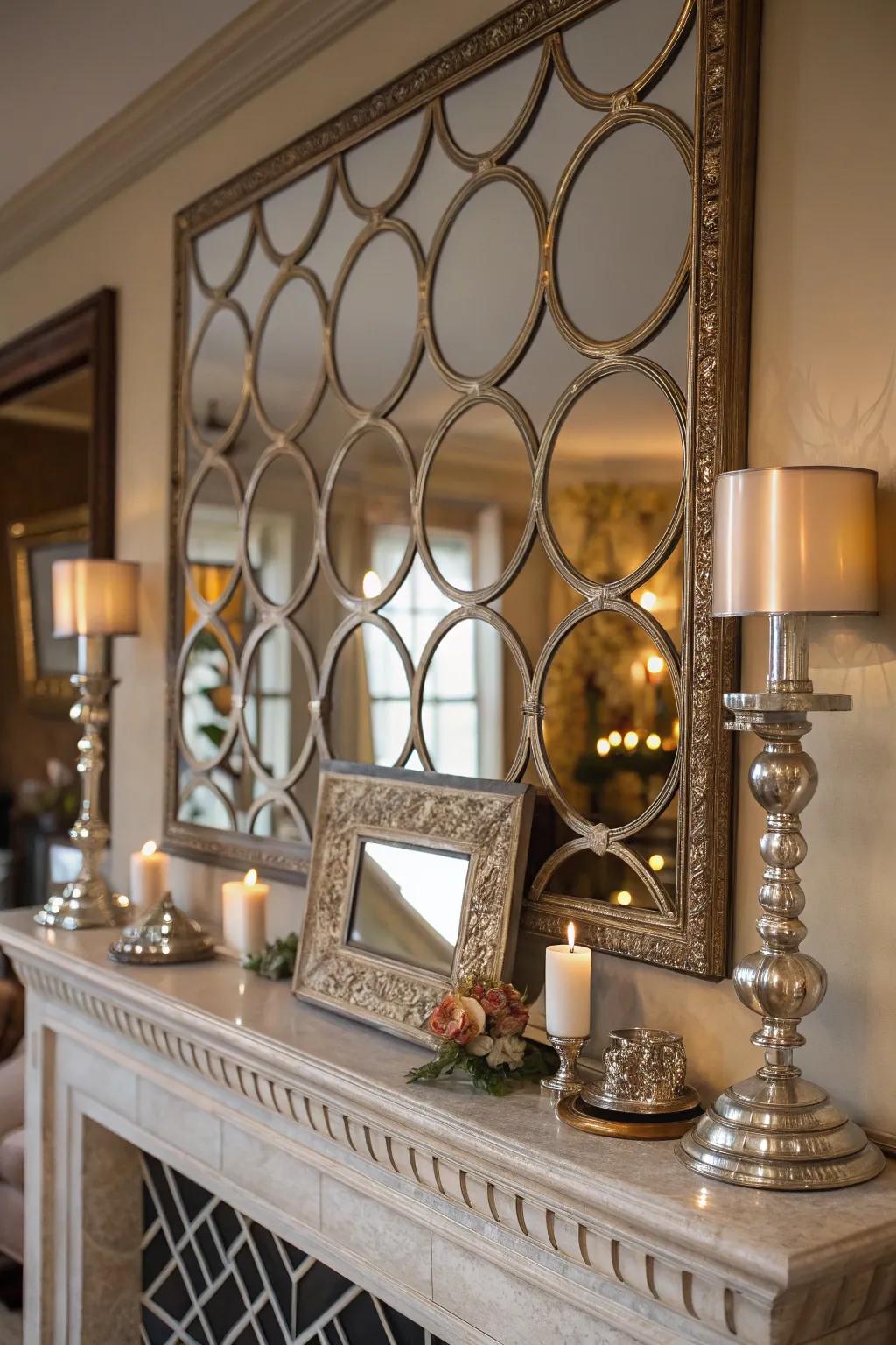 Mirrored layers add depth and drama to a mantel.