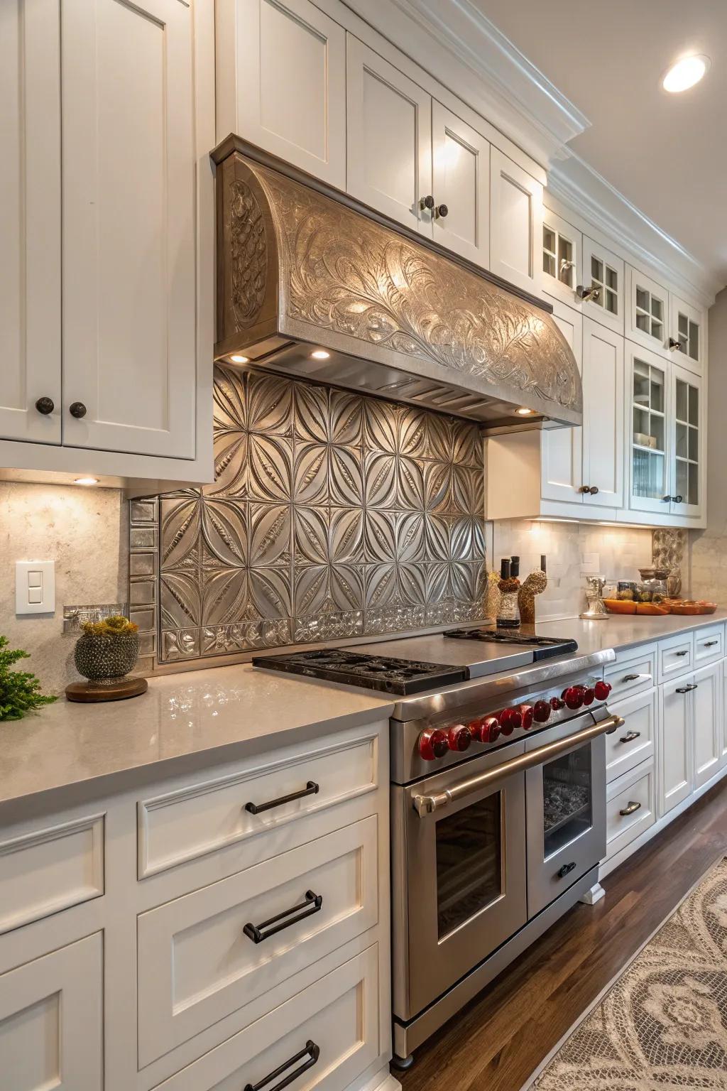 A kitchen featuring a bespoke artistic design metal backsplash.