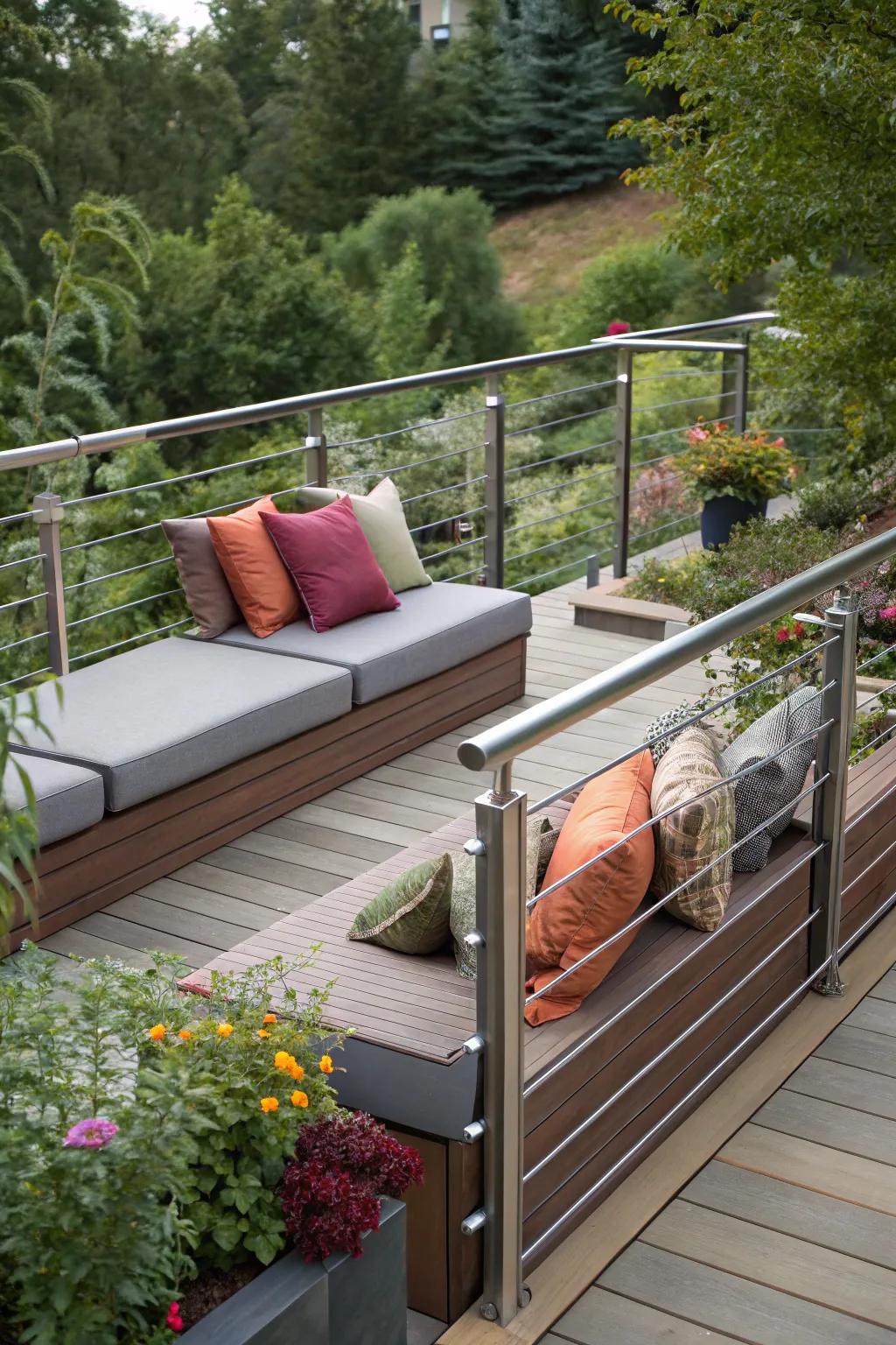 Integrated seating adds comfort and utility to metal guardrails.