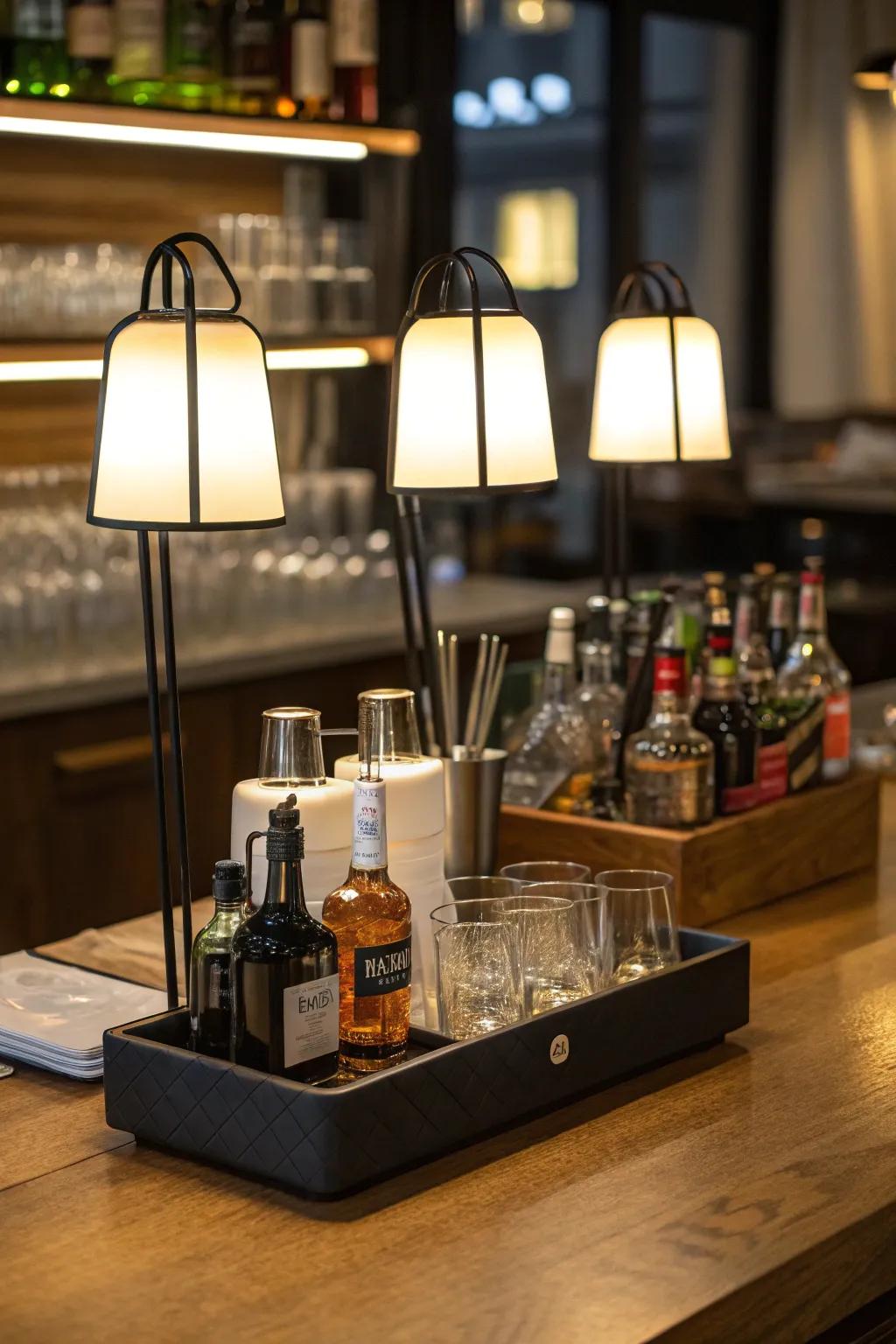 Movable lamps offer adaptable lighting options for the home bar.