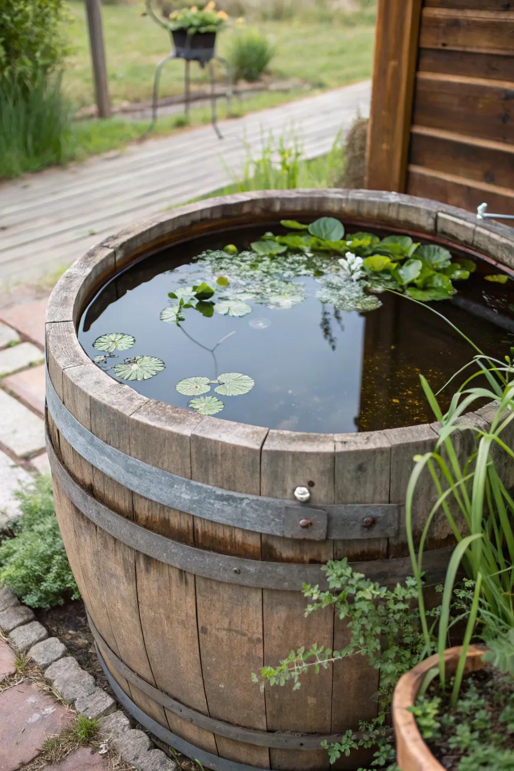 A countryside wood tub turned into a moving mini pond.