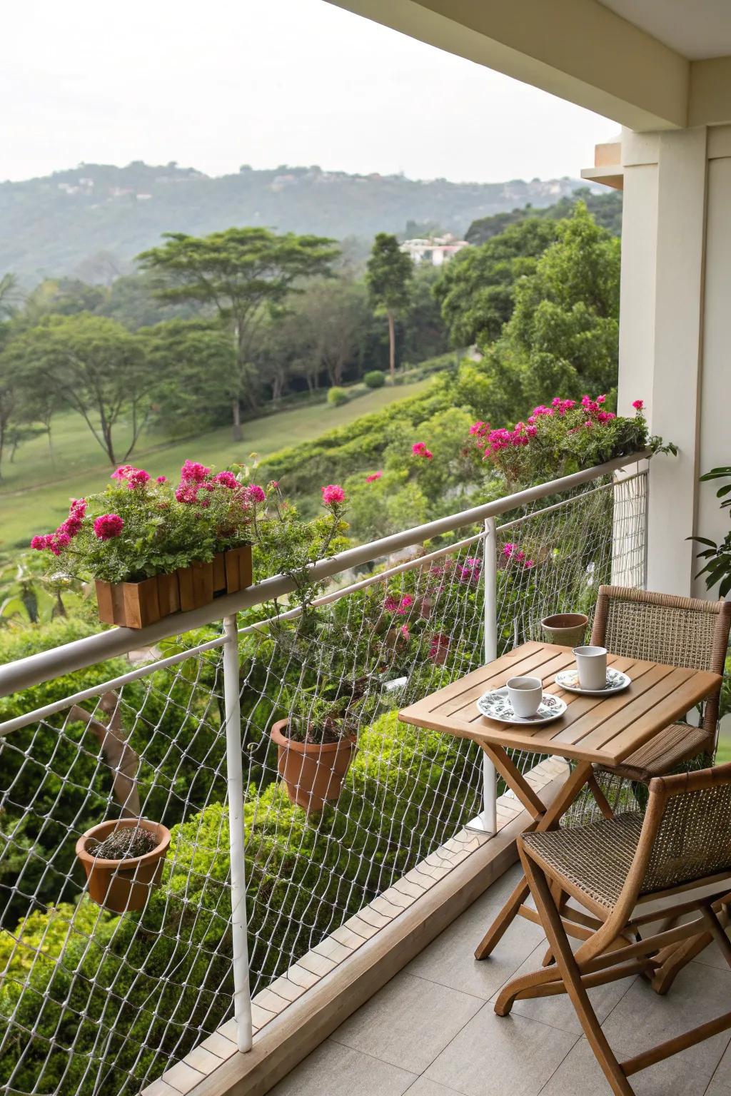 Balcony with woven wire borders and a lush garden view