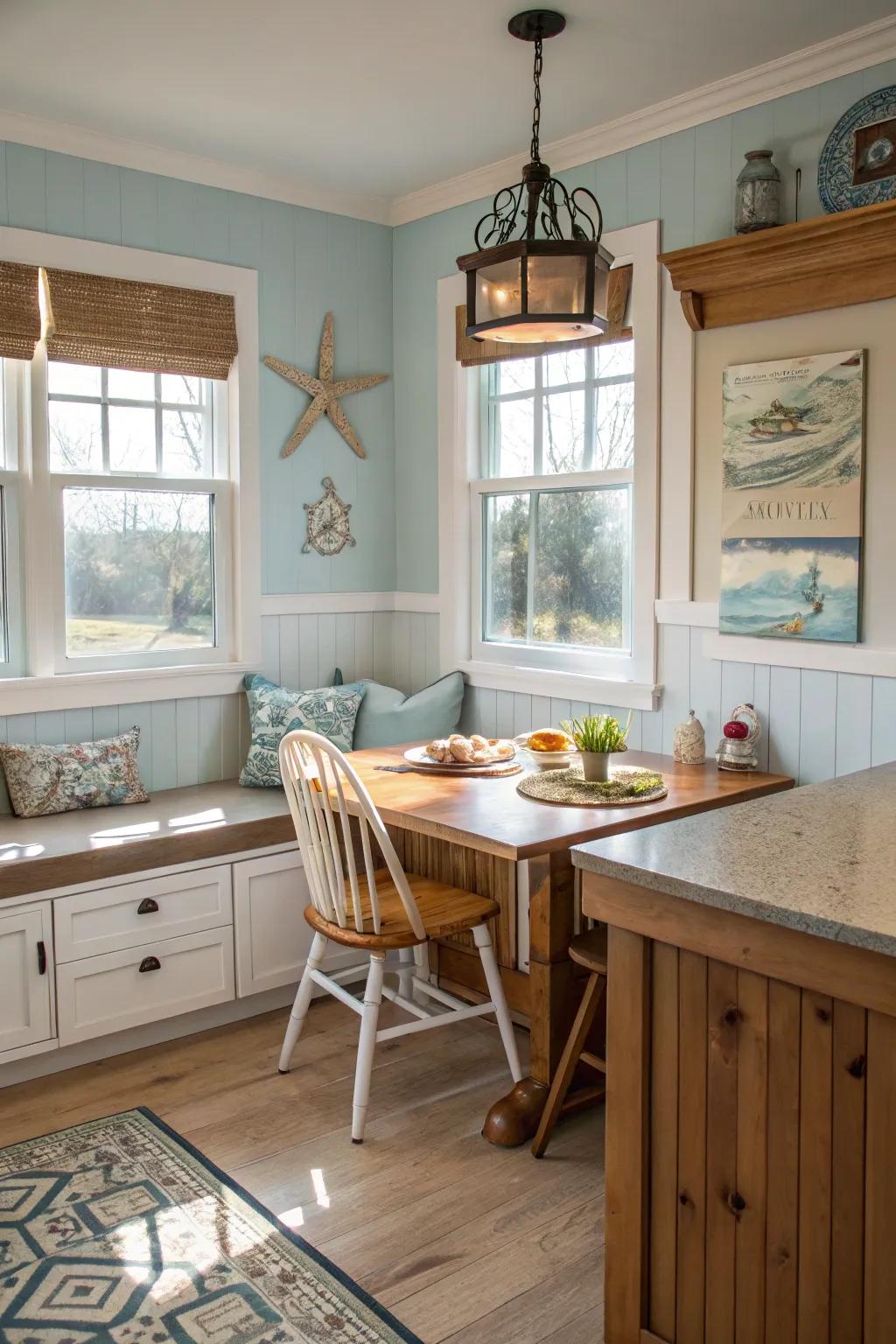 A breakfast cranny appends coziness to this coastal kitchen.