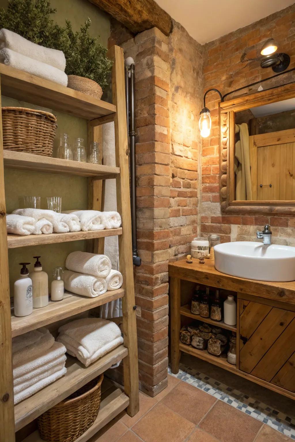 Exposed shelves offer practical storage while keeping the space open.