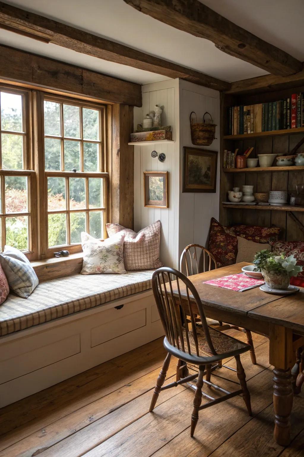 A built-in bench offers a cozy nook for relaxation.