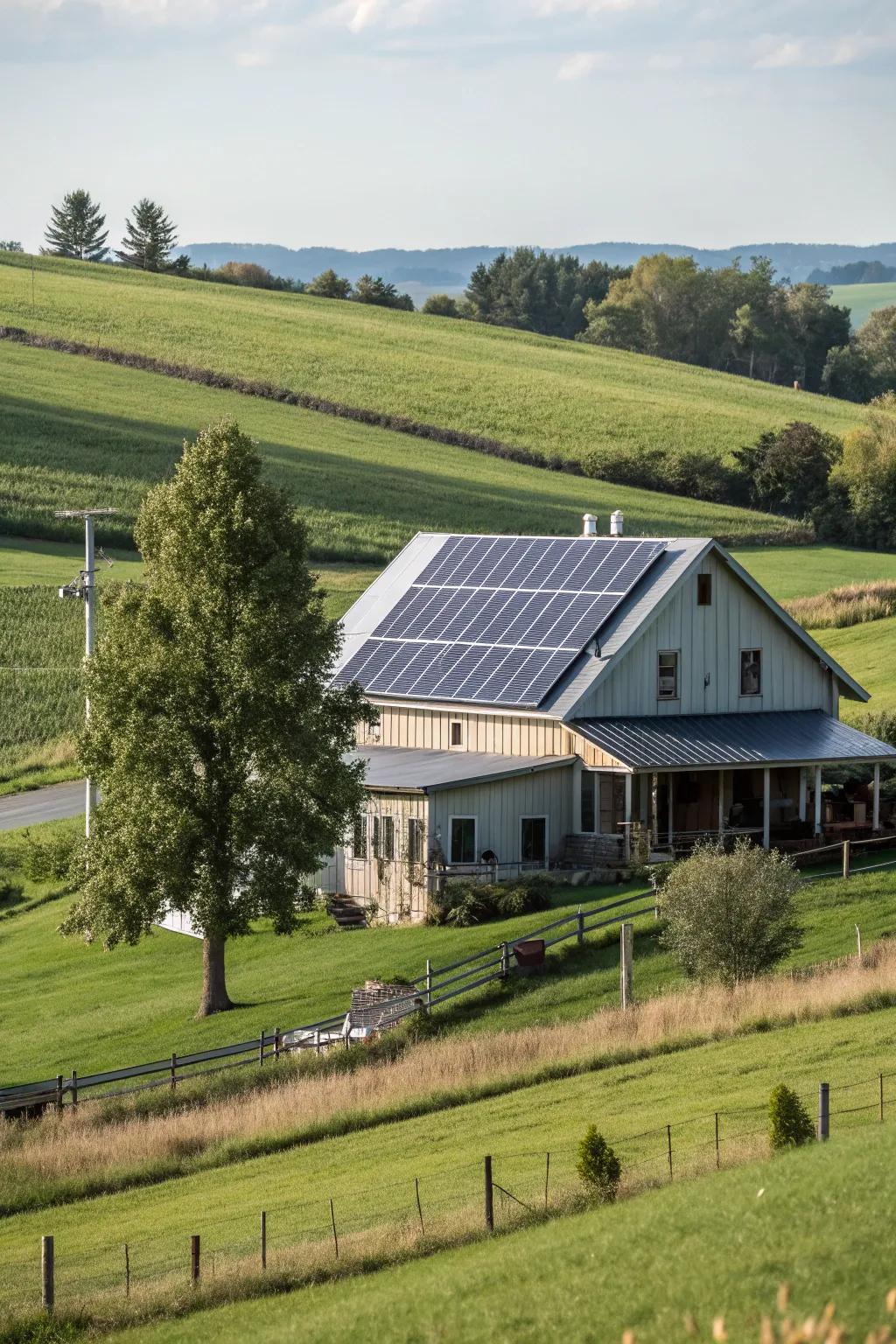 Sustainable innovation: A farmhouse featuring solar panels on a metal top.
