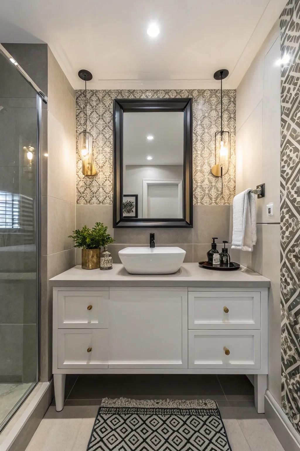 A freestanding dresser with modern parts in a washroom.