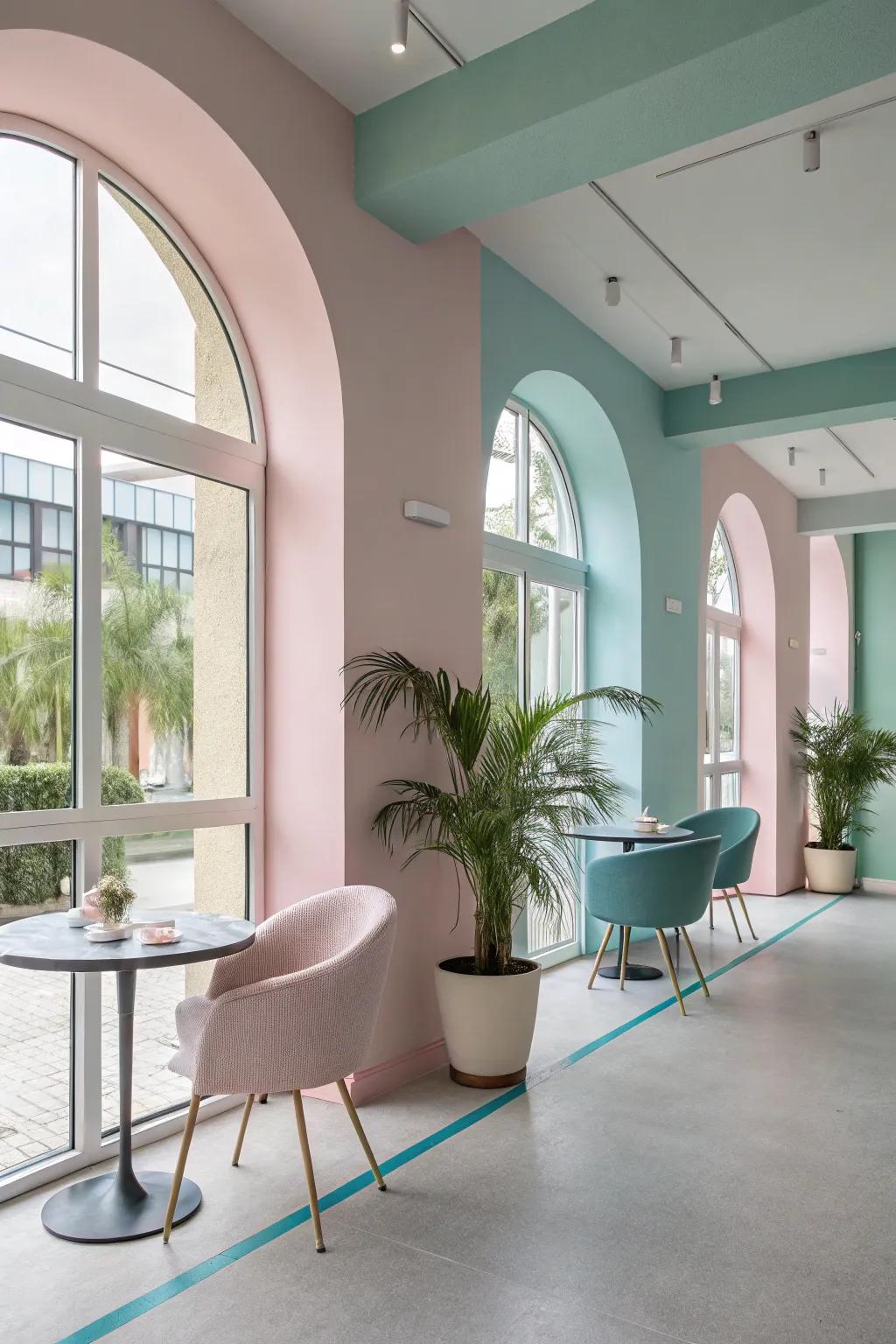 A contemporary interior featuring pastel hues for a soft nuance.