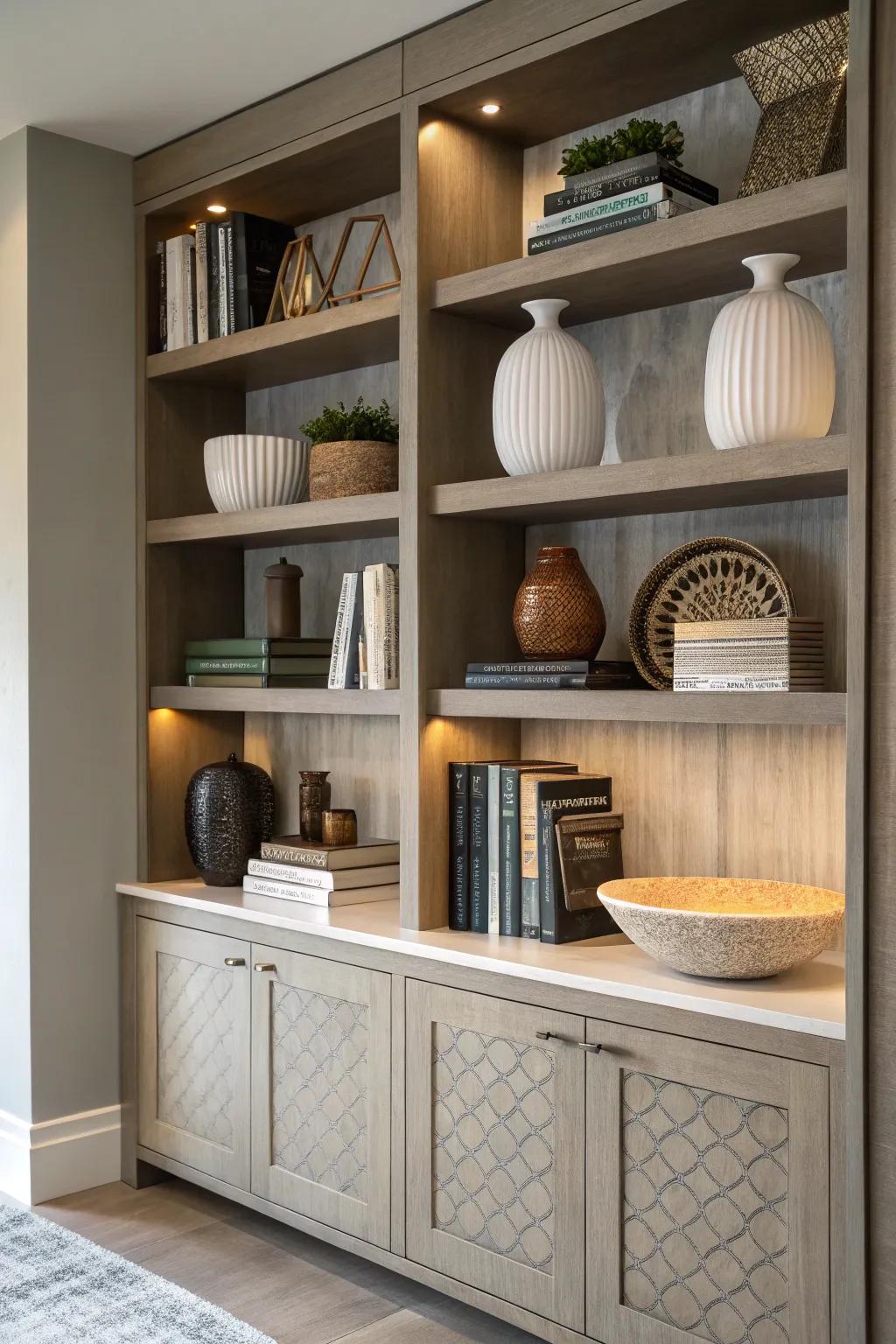 Leveling crafts dimension and a harmonious aesthetic in the display cabinet.