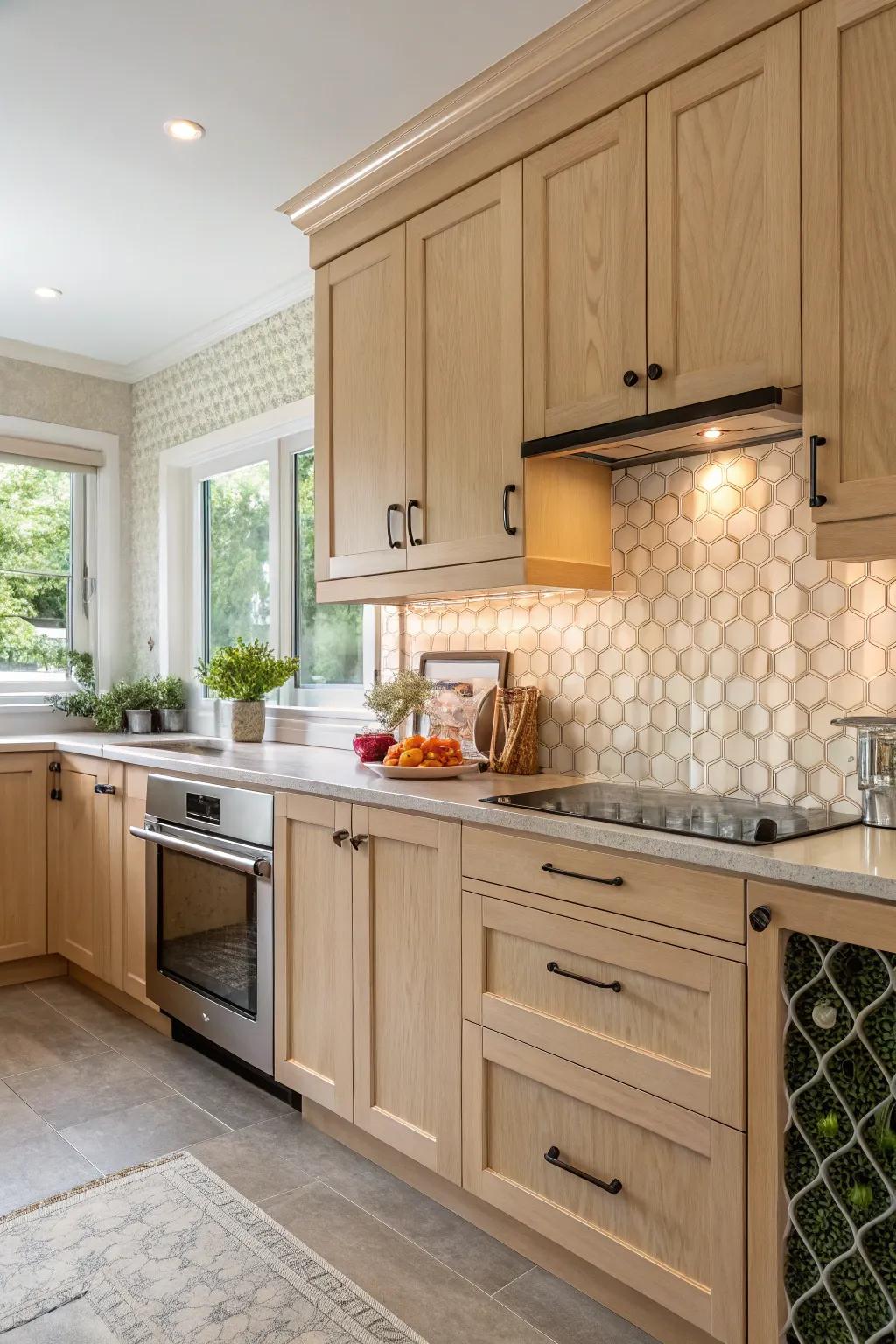 Textured backsplashes enhance depth and character in a kitchen with oak cabinets.