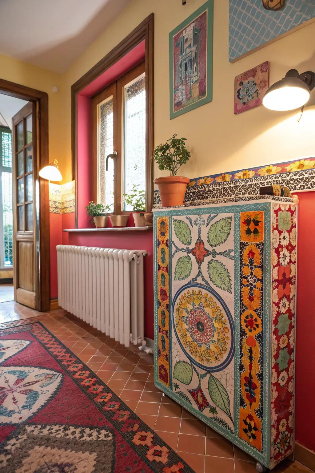 A radiator cover featuring vibrant mosaic ceramics.