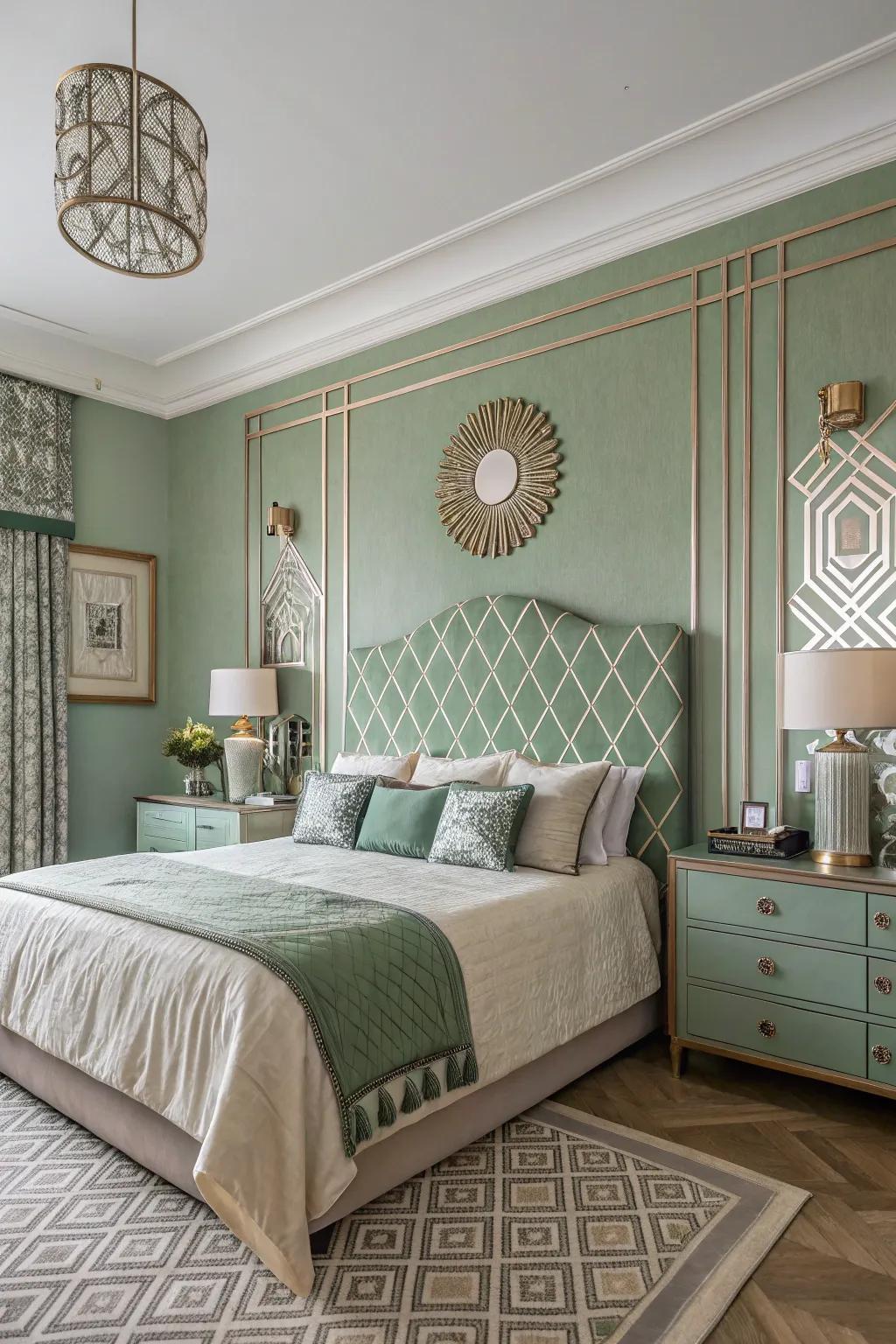 Artistic Era aspects with soft green craft a chic, glamorous bedroom.
