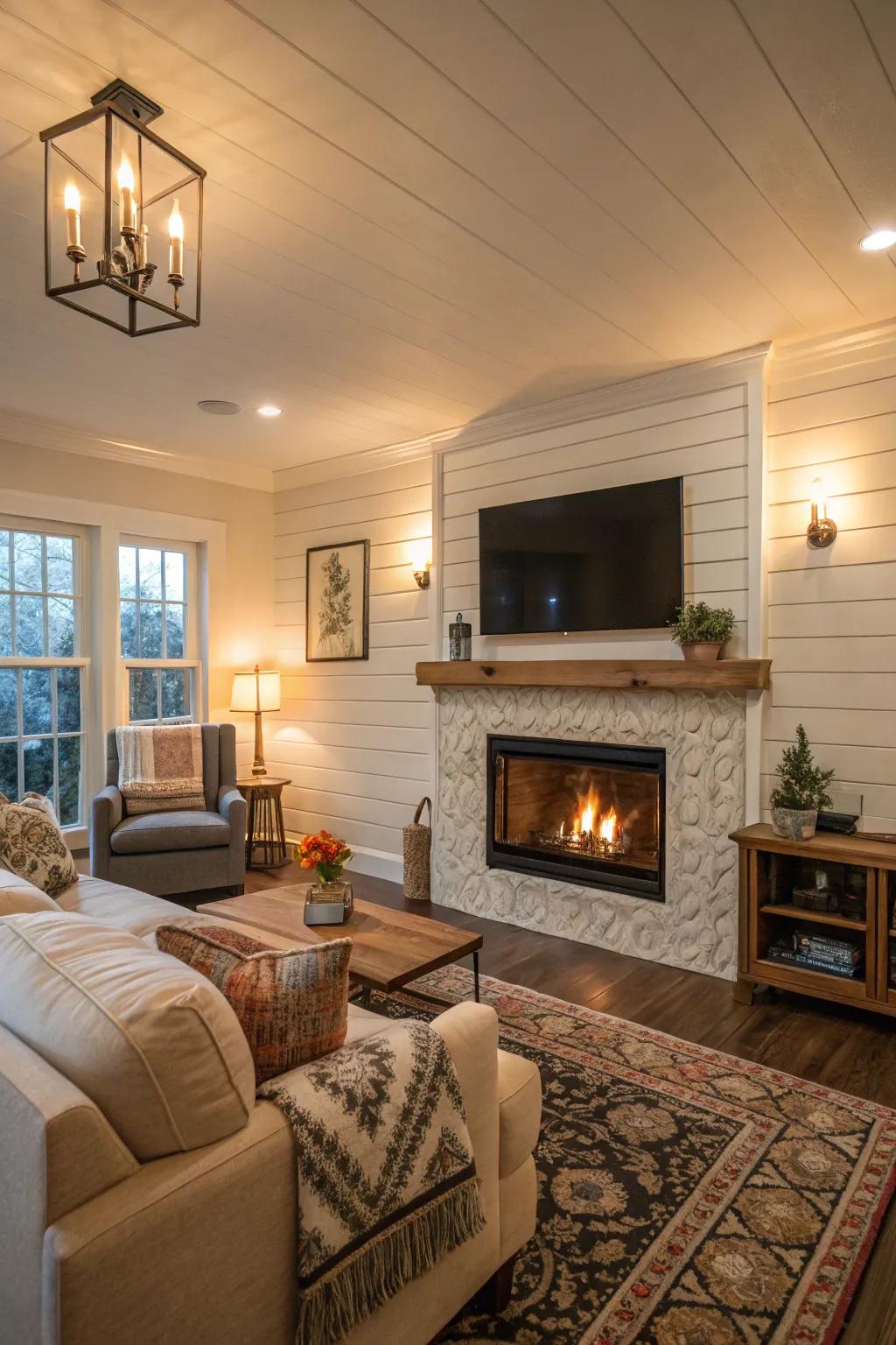 A living room with wraparound shiplap walls and an integrated fireplace.