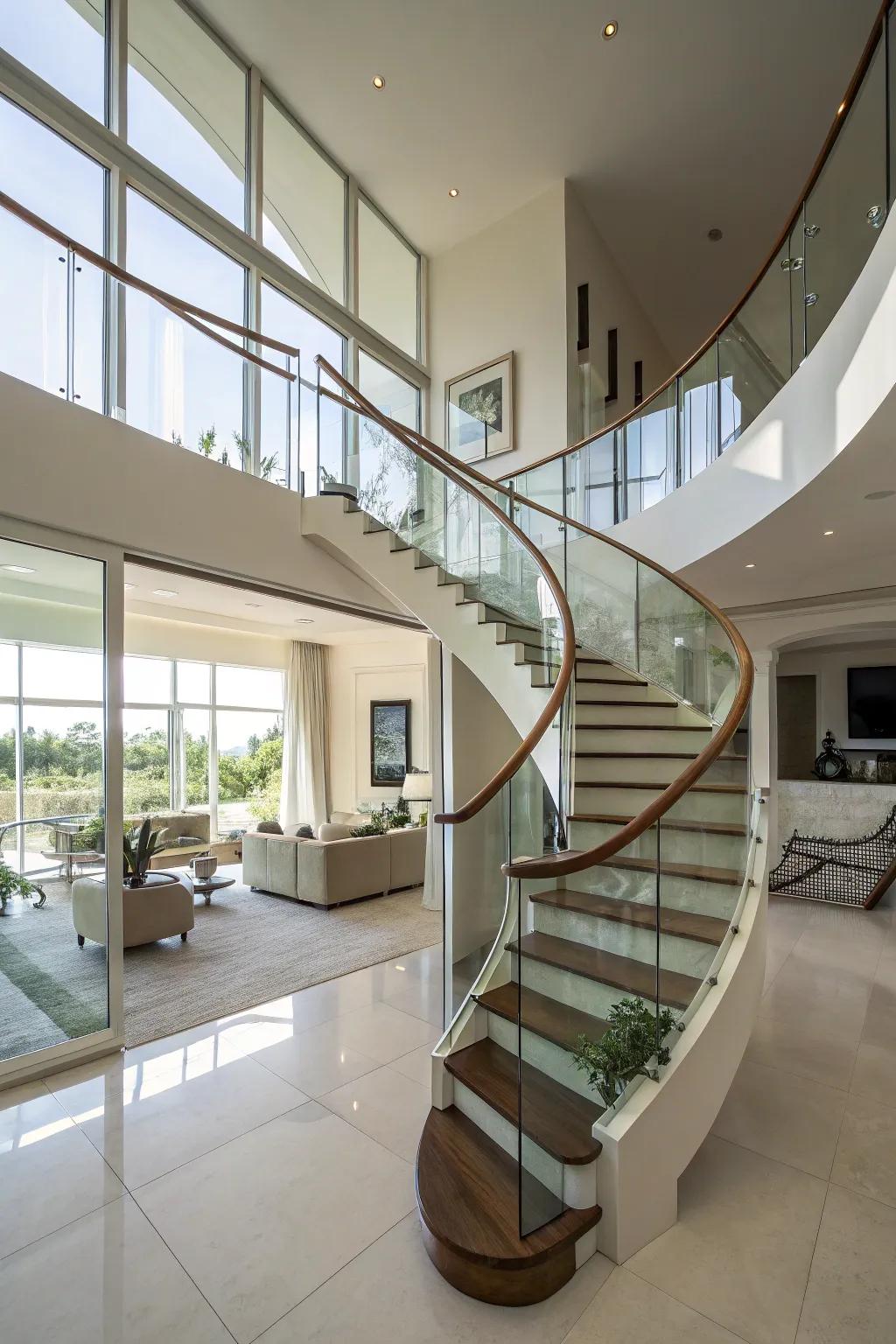 Curved glass railings add luxury and sophistication to your home.