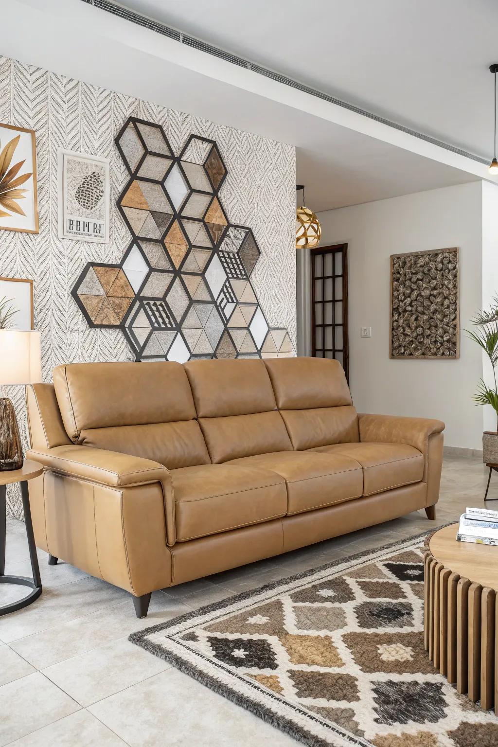 Geometric patterns append structure to a sitting room configuration.