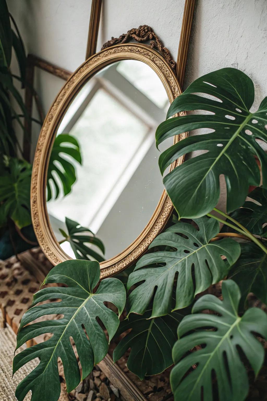 A hallway mirror with a jungle-inspired frame made of monstera leaves.