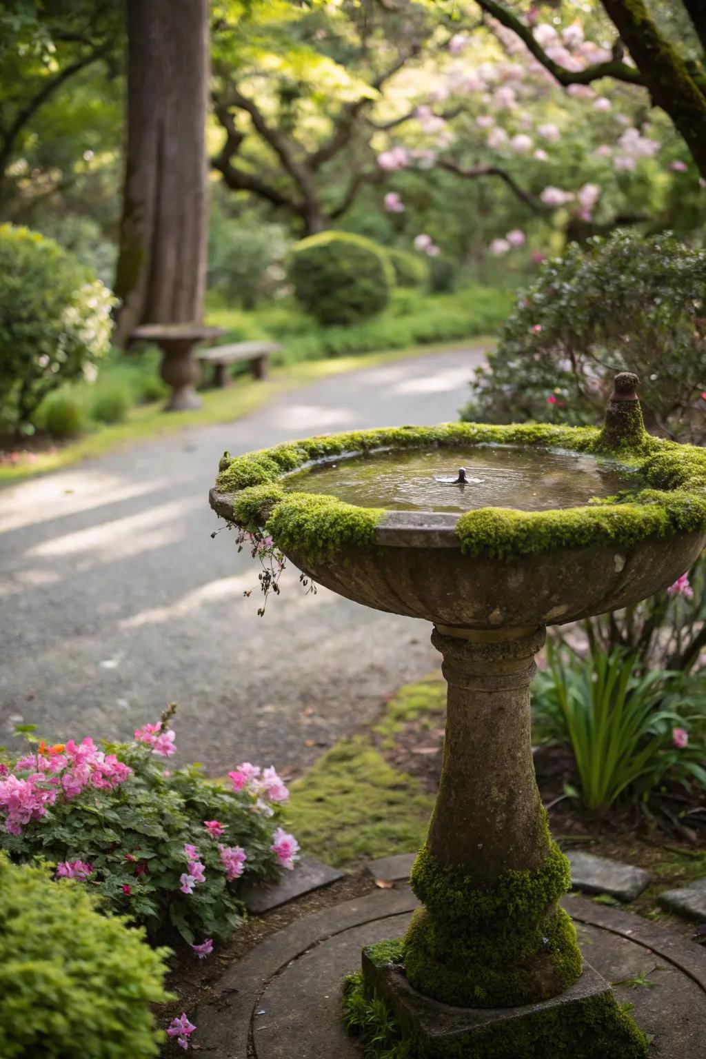 An aviary bath resourcefully transformed into a moss garden attribute.
