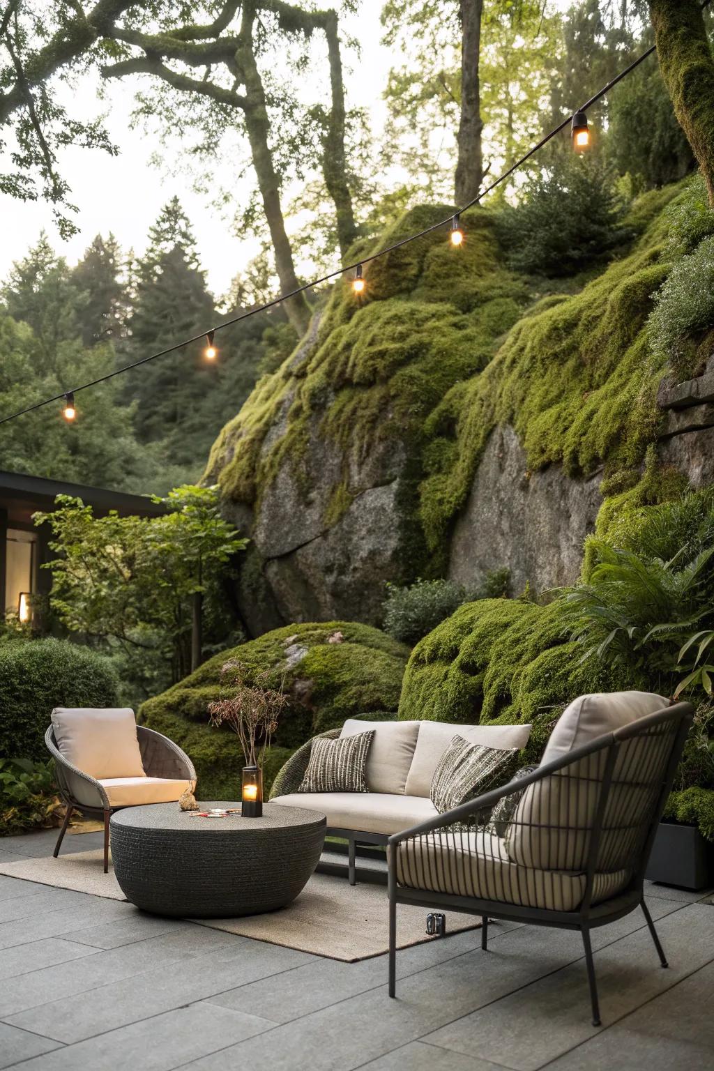 A snug terrace showcasing a lush moss stone backdrop.