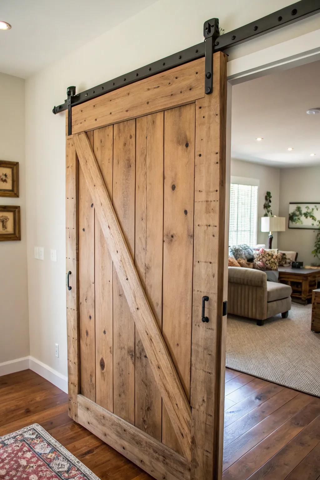 A daring and earthy gliding barn gateway in a modern room.