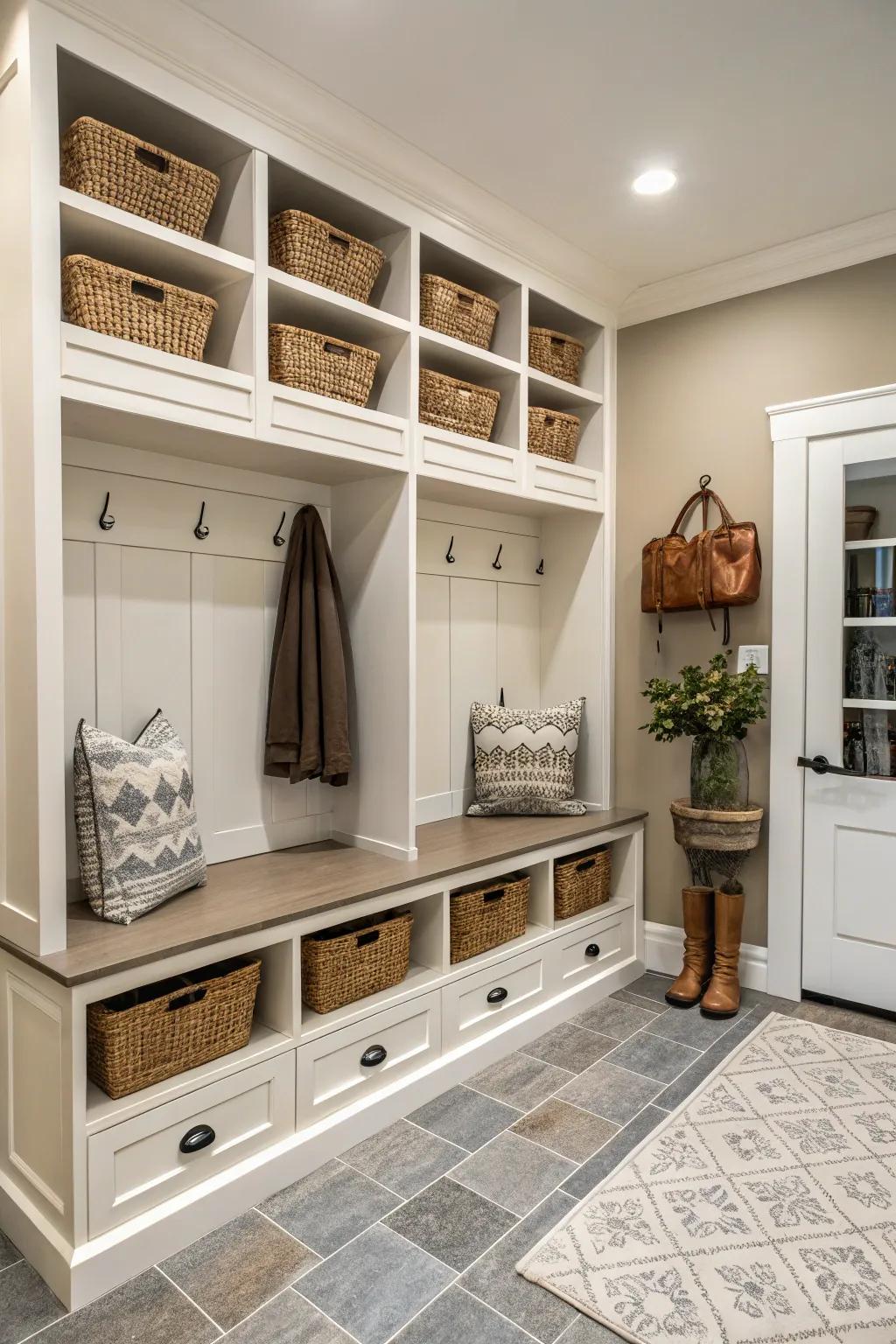 Symmetry and balance create a harmonious and inviting mudroom.
