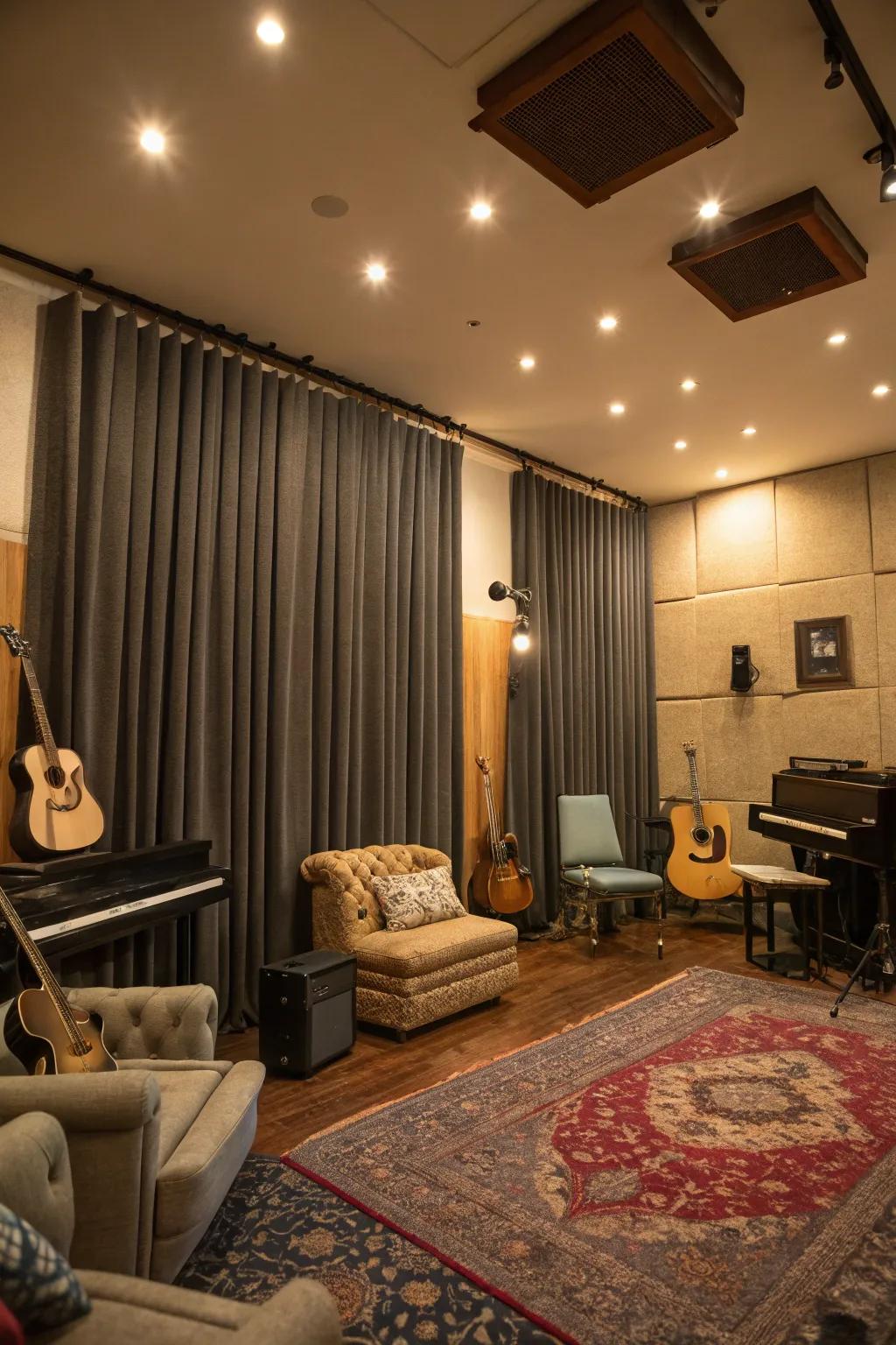 Sound-damping curtains enhance sound regulation and solitude.