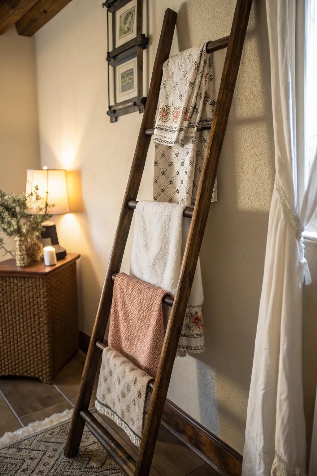 Fancy ladders provide a countryside and artistic napkin storage option.