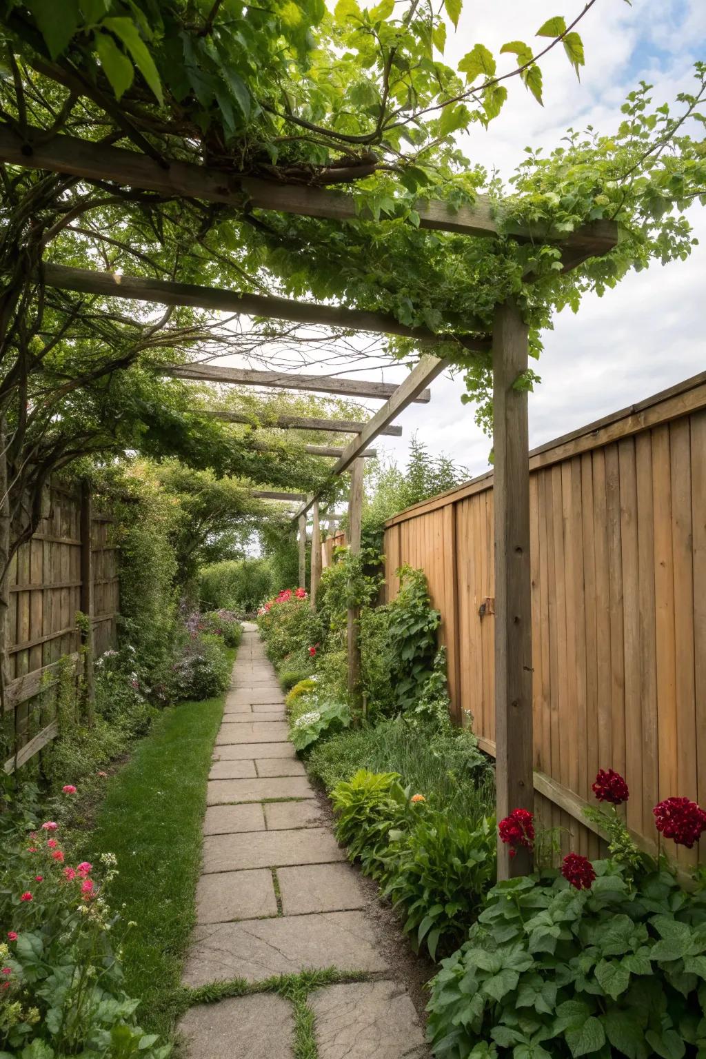 An arbour proffers shade and structural integrity to a slender garden.