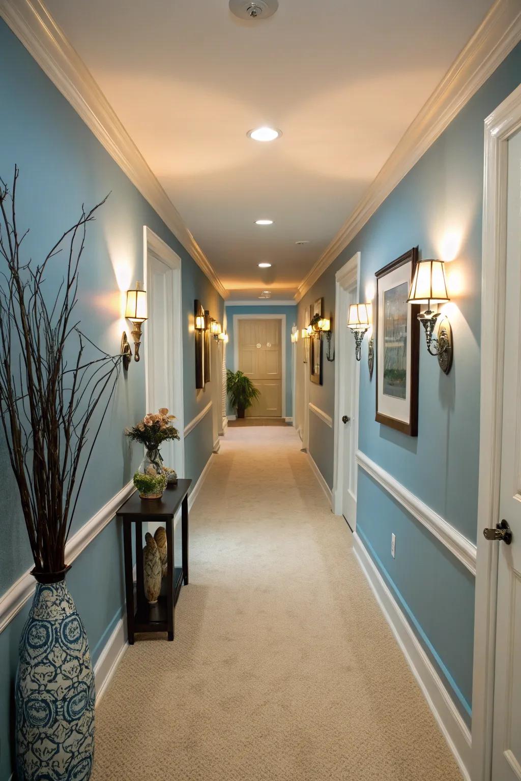 Cohesive colors in lighting and decor unify spaces.