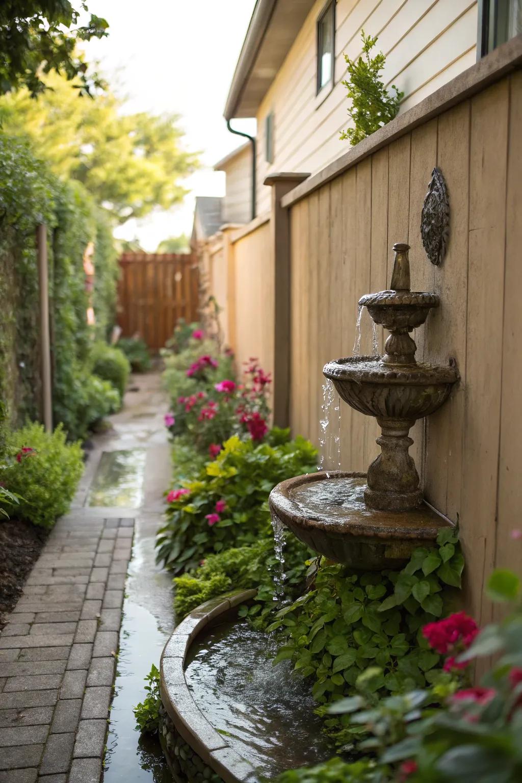 A wall fountain crafts a calming focal point in narrow spaces.