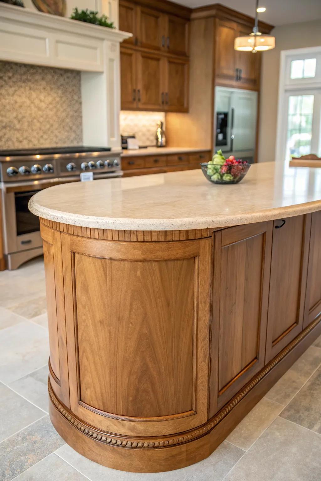 Rounded timber edges add elegance and softness to the kitchen.