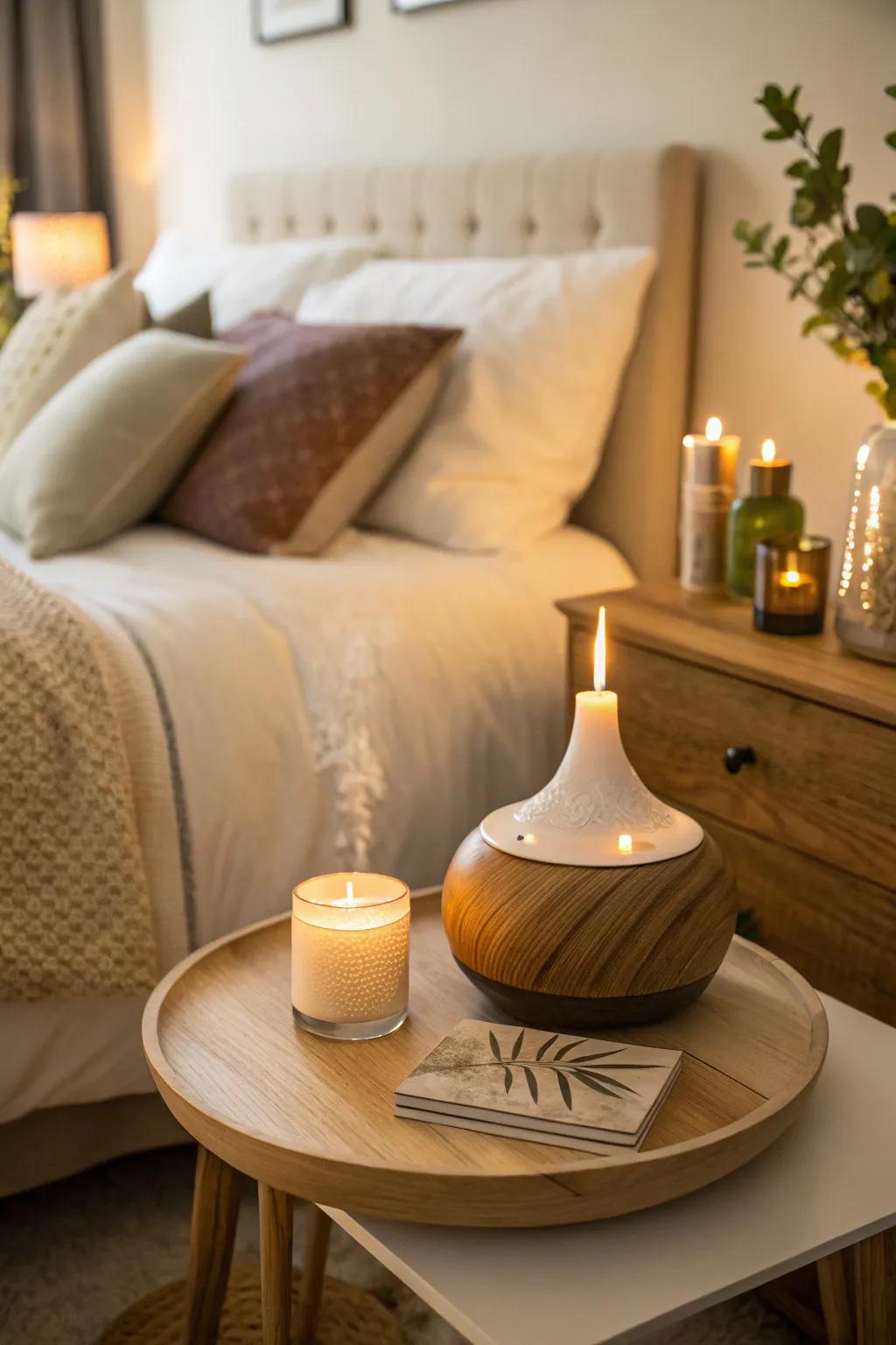 Woodsy scents enhance the natural ambiance of the bedroom.