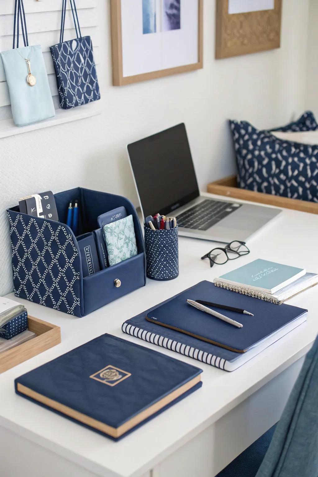 Navy desk decor enhances both style and organization.