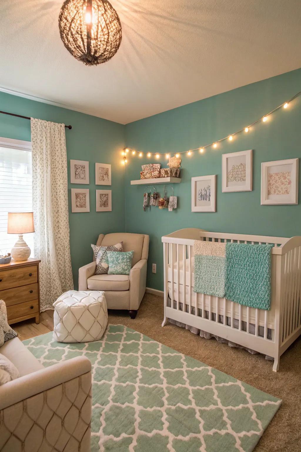 A polished nursery displaying eye-catching blue green features.