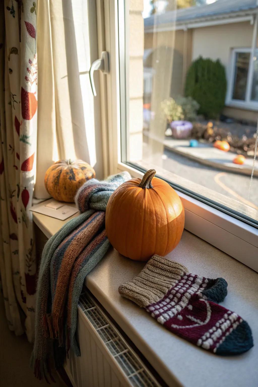 Comforting aspects, such as neck wraps and hand coverings, ensure this pumpkin appears comfortable.