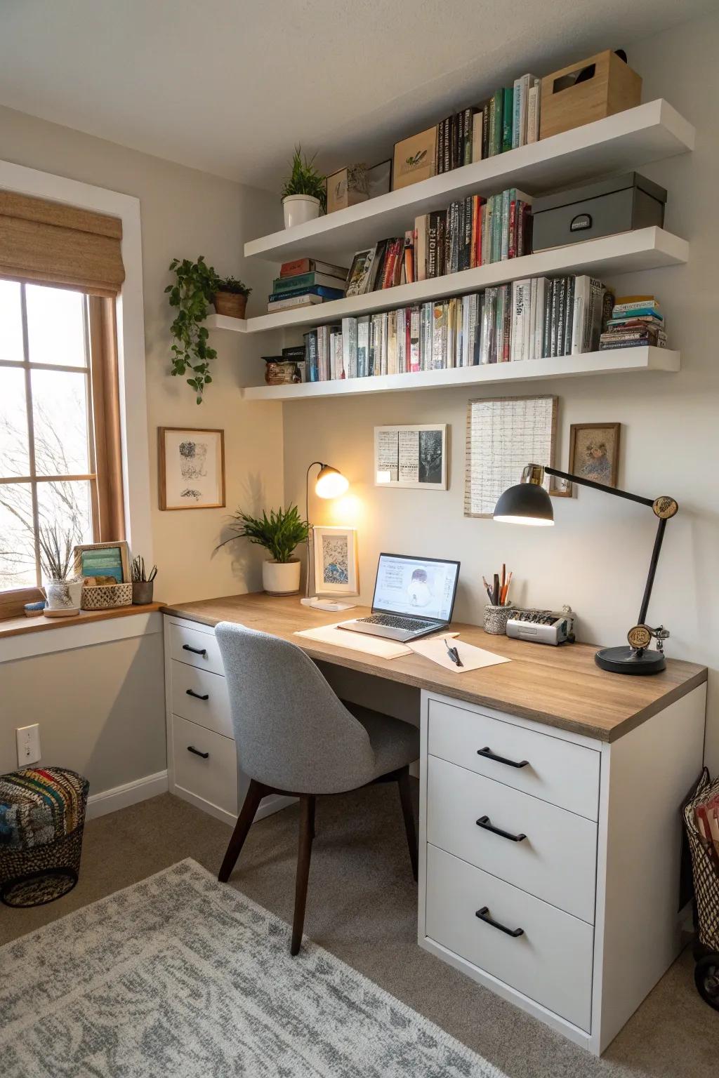 Imaginative storage helps maintain an organized office.