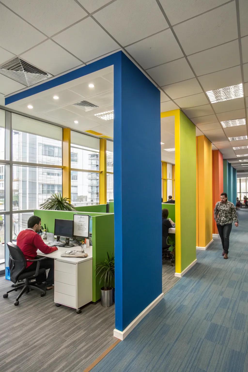 Painted partitions introduce hue and vitality into office environments.