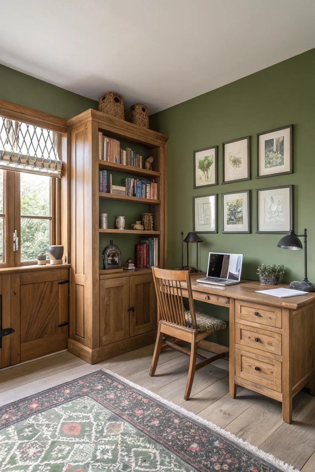 Olive tones create a calm and focused office space.