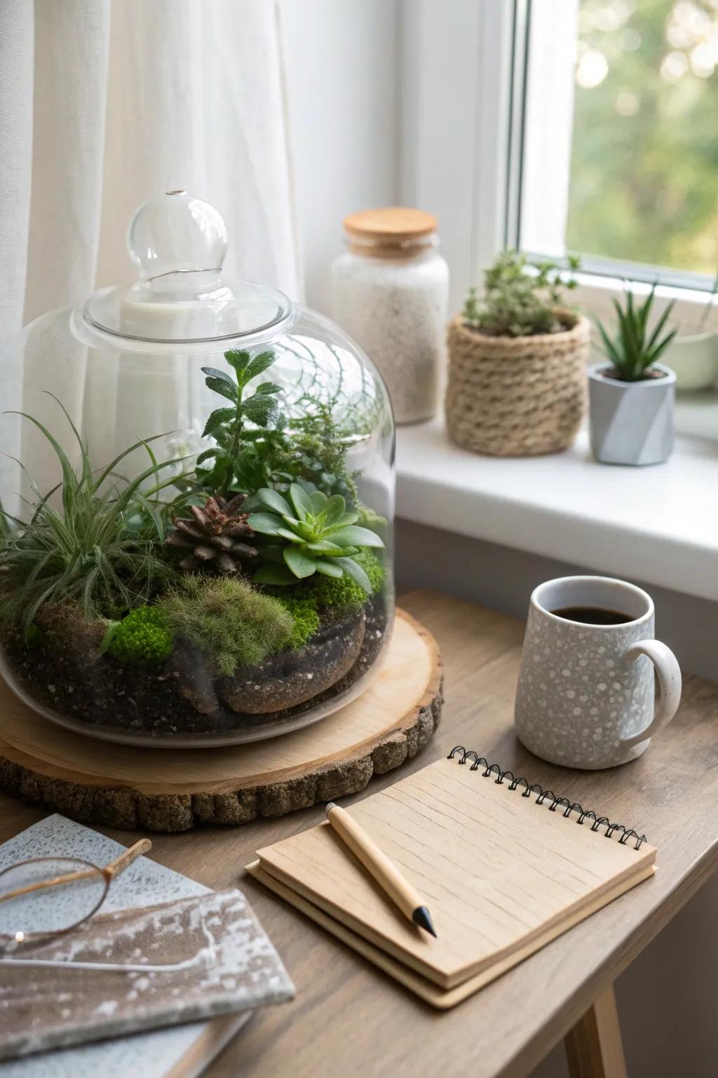 Create tiny worlds of greenery with glass gardens, adding an inventive touch to your office décor.